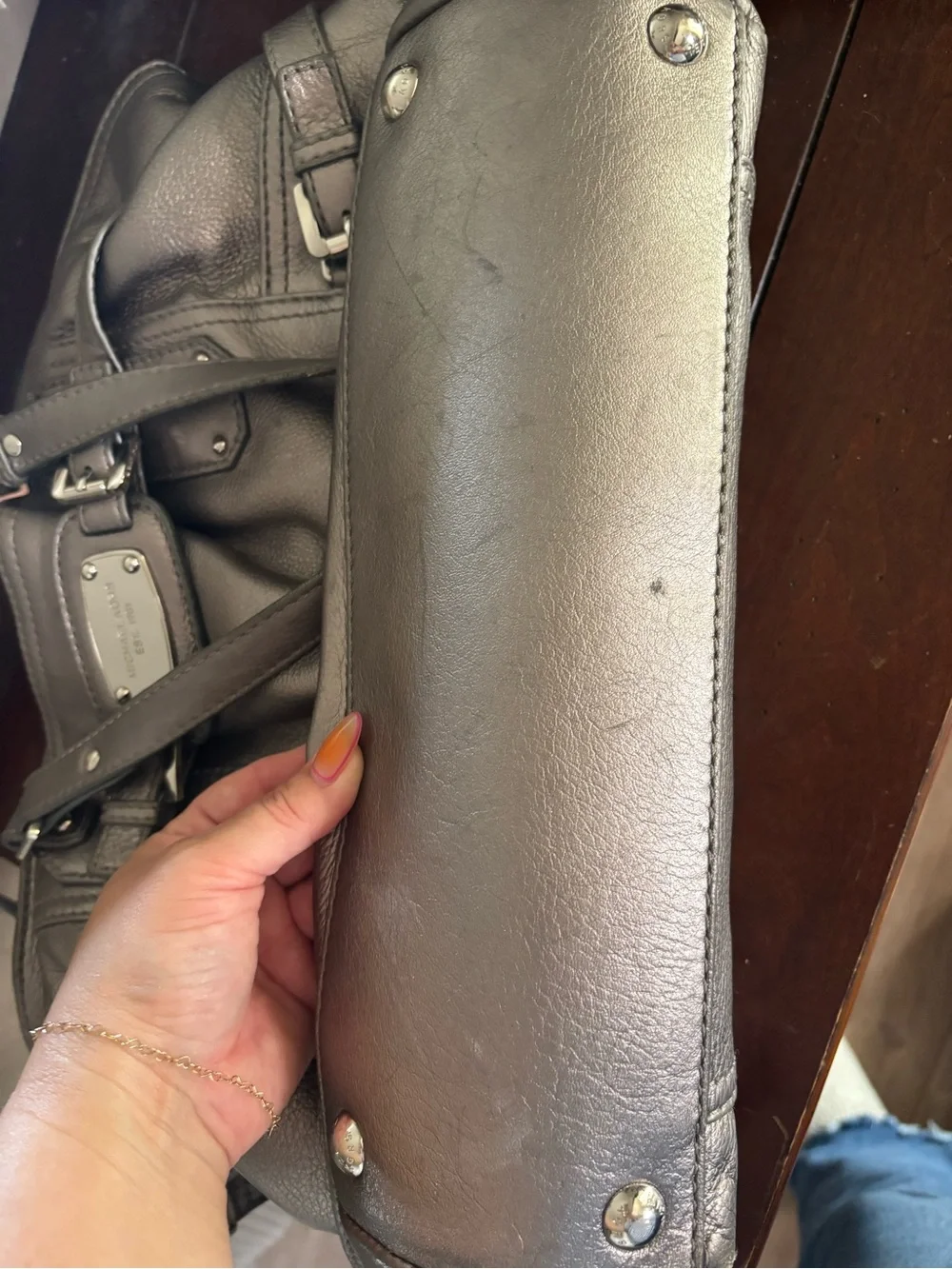 Michael Kors Metallic Gray Leather Hobo with Polished Plaque
